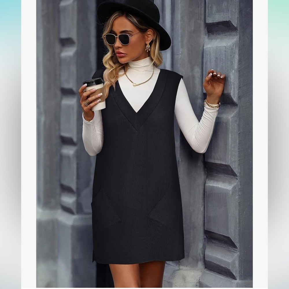 Vetior Black V Neck Pocketed Sweater Vest Mini Dress